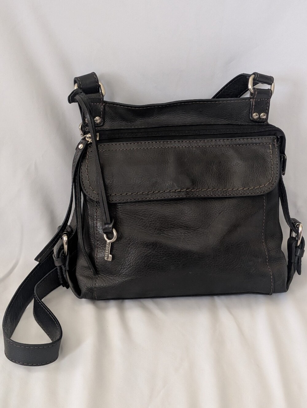 VTG FOSSIL Black Leather Adjustable Strap Cross Body Bag Organizer Wallet Purse